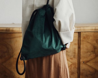 LAS ~Plecak z zielonego welwetu, weluru~prezent dla niej~wodoodporny plecak z linami~dodatkowa kieszeń~miejski plecak worek~na siłownię