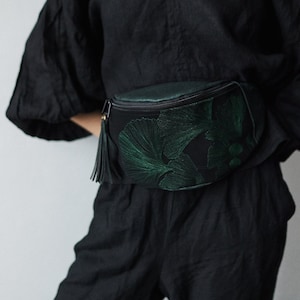 GREEN GINKGO~Gift for Her~cork vegan fanny pack, belt bag, vegan leather, bag with embroidery, crossbody bag sachet,hip bag, waterproof