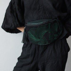 GREEN GINKGO~Gift for Her~cork vegan fanny pack, belt bag, vegan leather, bag with embroidery, crossbody bag sachet,hip bag, waterproof