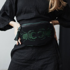 GREEN STAG BEETLEGift for Hercork vegan fanny pack, belt bag, vegan leather, bag with embroidery, crossbody bag sachet,hip bag, waterproof image 1