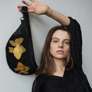 GOLDFISH~Gift for Her~cork vegan fanny pack, belt bag, vegan leather, bag with embroidery, crossbody bag sachet,hip bag,waterproof black bag