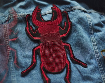 STAG BEETLE ~ small patch on jacket ~ iron on ~ sew on ~ appliques ~ embroidery patch