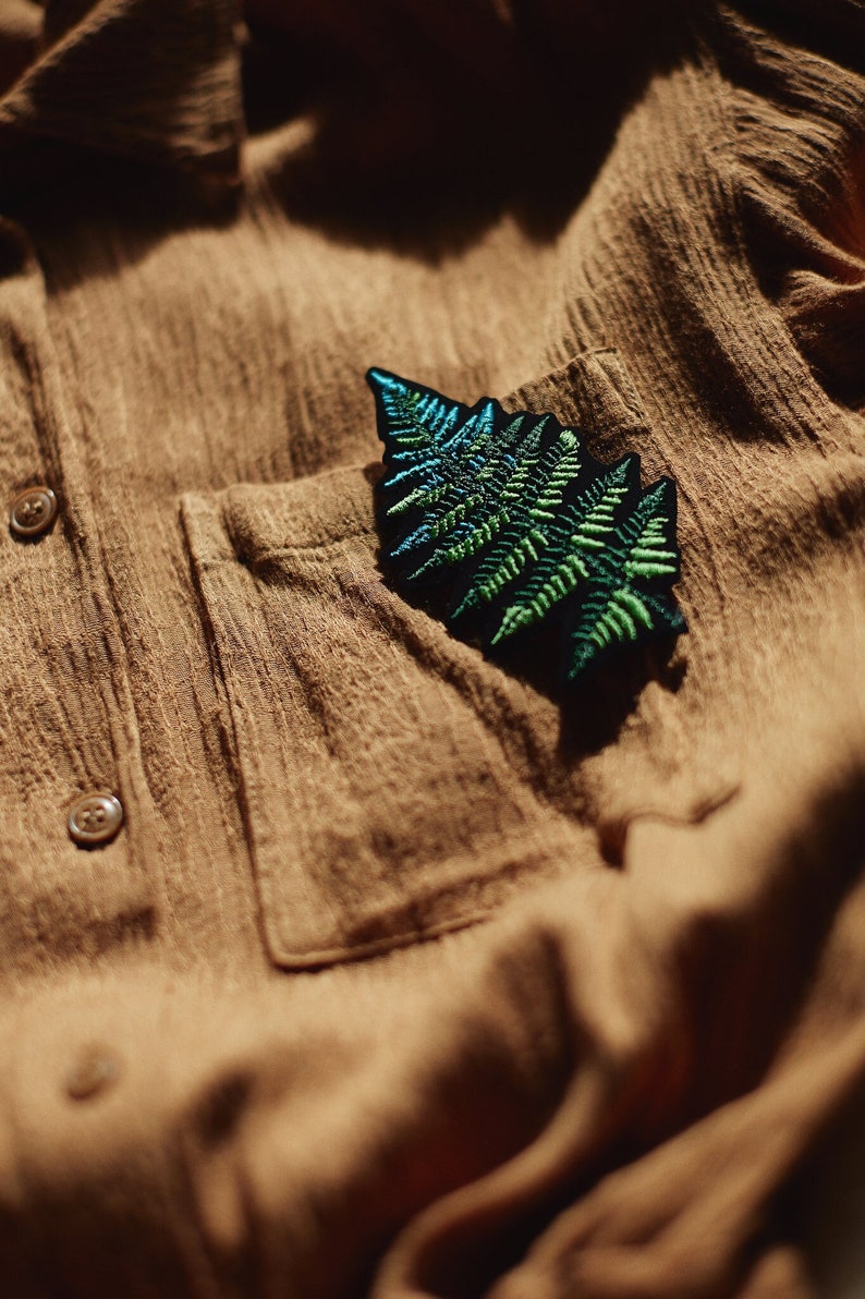 LEAF FERN embroidered brooch fastening like pins pin paprotka brooch leaf on jacket to pin forest pin brooch image 1