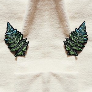 FERNS two small patches on the jacket ~ mirror image ~ iron on ~ embroidered applique fern leaves ~ fern