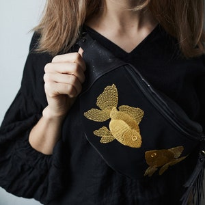GOLDFISHGift for Hercork vegan fanny pack, belt bag, vegan leather, bag with embroidery, crossbody bag sachet,hip bag,waterproof black bag image 3
