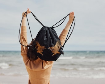 ROBIN~Gift for Her~Velvet drawstring backpack~waterproof~with pocket~string bag~gym bag~beach backpack~backpack for dress~ backpack birds