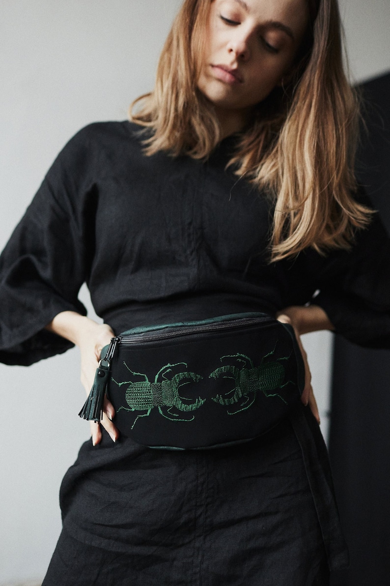 GREEN STAG BEETLEGift for Hercork vegan fanny pack, belt bag, vegan leather, bag with embroidery, crossbody bag sachet,hip bag, waterproof image 1