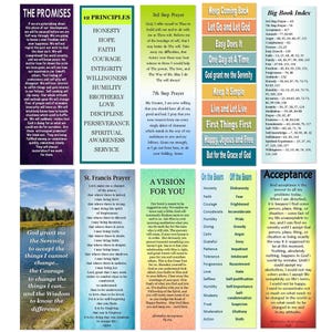 12 Step AA Sobriety Bookmarks -Set of 10 2x6 Laminated Recovery gifts- with Serenity Prayer, 3rd Step Prayer, Promises, Acceptance..