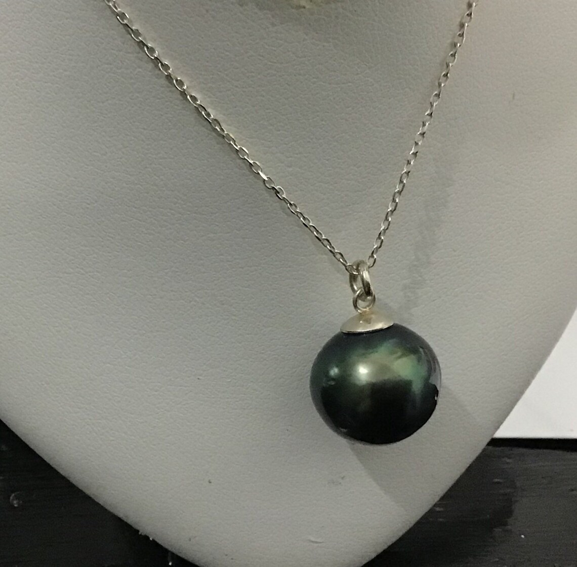 Large green Tahitian pearl pendant on a silver chain | Etsy