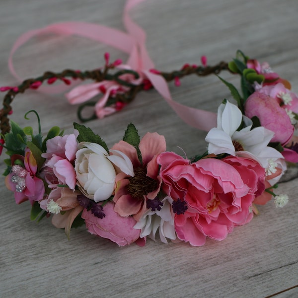 pink white Flower Crown, flower wreath, rustic women crown,  hair flowers, Boho wedding crown,  maternity head piece, photoshoot floral