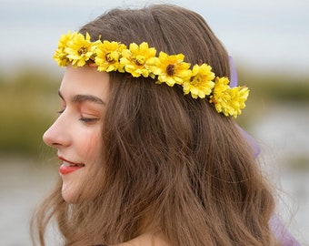 Boho flower crown Yellow Flower Hair accessories flower Halo Flower girl headband Flower hair Wreath flower girl crown Beach Wedding