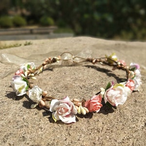 Pink Bridal Flower Crown Ivory and blush Flower girl crown bridesmaid flower crown Wedding flower crown Rose flower headband Boho crown halo