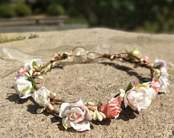 Pink Bridal Flower Crown Ivory and blush Flower girl crown bridesmaid flower crown Wedding flower crown Rose flower headband Boho crown halo