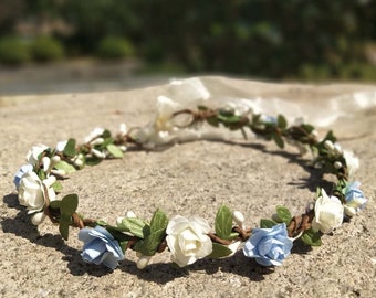 Blue & White Flower Crown Flower girl headband bridesmaid flower crown Bridal flower headpiece Wedding flower crown Boho crown Baby headband