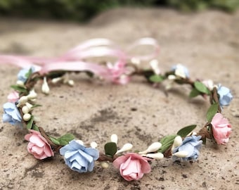 Blue & Pink Flower Crown Flower girl flower crown Child flower headpiece Bridal Flower Crown Wedding Hair Wreath Halo Baby Flower Headband