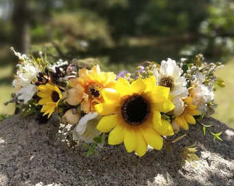 Couronne de fleurs de tournesol Bandeau de tournesol Couronne de fleurs de mariage Couronne de tournesol de mariée Couronne de demoiselle d'honneur Bandeau de tournesol Postiche de mariée