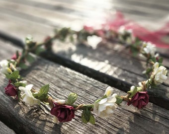 Burgundy & Ivory Flower Crown: Wedding Girl Headband