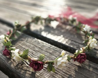 Burgundy & Ivory Bridal Flower Crown for women, Summer Flower girl crown, Flower girl headband, flower girl headpiece, Wedding Flower crown