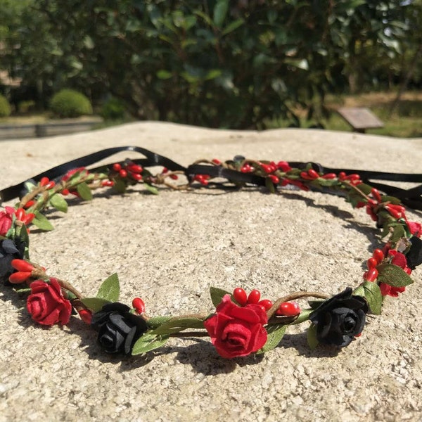 Red & Black Flower Crown Flower girl headband Halloween flower crown baby Bridal flower crown halo flower headpiece Flower girl headband