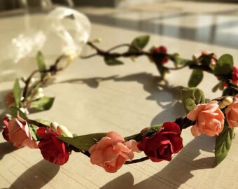 Red and pink bridal Flower Crown Halo Flower girl crown Christmas flower crown pink flower crown flower girl headband Boho flower headpiece