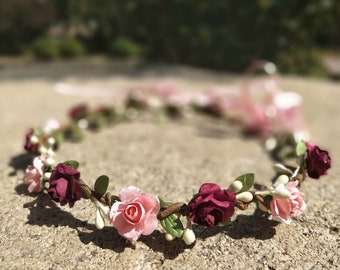 Burgundy & Blush Flower Crown: Wedding, Flower Girl Headband