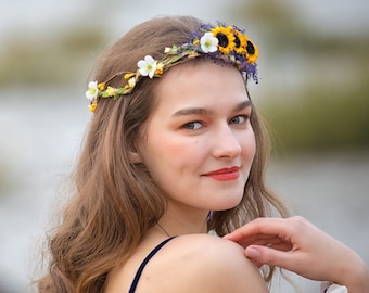 Sunflower crown Sunflower headband Spring flower crown Wedding flower girl crown Baby's Breath Flower Crown Bridal flower girl headband