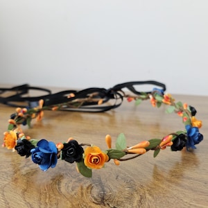 Blue & Orange Flower Crown Flower girl crown Child flower headpiece Bridal Flower Crown Wedding Hair Wreath Halo Baby Flower Girl Headband