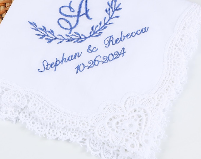 Embroidered Wedding Handkerchief: Personalized Lace Hankie, Blue Initial