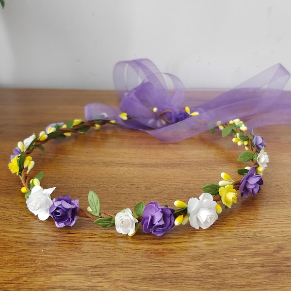 White & Purple yellow Flower Crown Flower girl flower crown Wedding flower headpiece Bridal Flower Crown Summer Fall Flower Hair Wreath