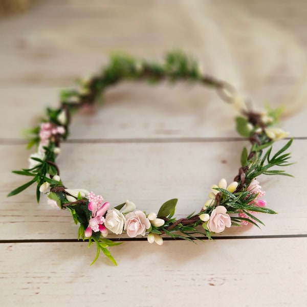 Pink flower girl crown Wedding Flower Crown Bridal Green Crown Greenery Crown Women Baby Flower Headband Bohemian Flower Crown For Veil