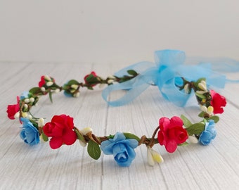 Flower girl flower crown Blue & Red Flower Crown baby Child flower headpiece Bridal Flower Crown Women Boho Halo Wreath Flower Girl Headband