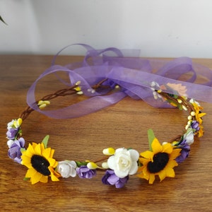 Sunflower Hair Piece Sunflower Crown Purple Ivory Flower girl crown Baby flower headband Flower girl headband Bridal boho flower crown halo