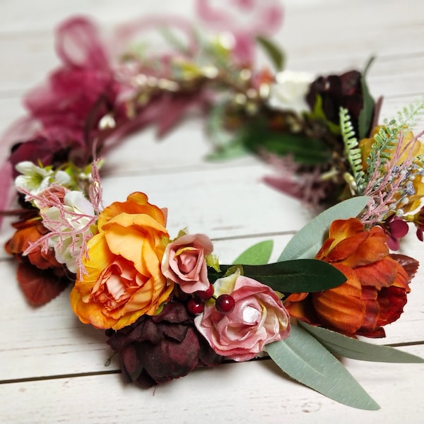 Burnt Orange Burgundy bridal flower crown Wedding Flower hair accessories Flower girl headband Colorful flower crown Fall flower crown boho