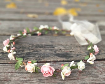 Pink Bridal Flower Crown for girl Ivory Blush flower girl crown Bridal flower headpiece Wedding Christmas gift Bohemian flower girl headband