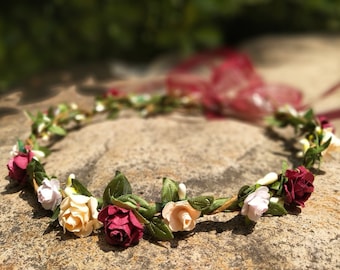 Burgundy & Blush Flower Crown Flower girl crown headband Flower girl headpiece Wedding flower crown Bridal Child  Baby Toddler flower crown