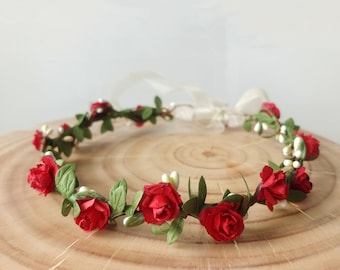 Couronne de fleurs de mariage, couronne de fleurs rouges, bandeau de fille de fleur, couronne de fleurs de Noël, couronne de fleur de bébé mariée couronne de coiffe de fleur halo