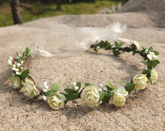 Bridal Headpiece Ivory Flower Crown for women Flower Girl Headband Wedding Flower Crown Rose Flower Headband Bohemian floral crown halo