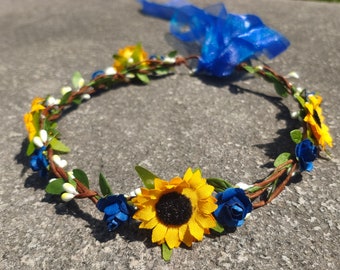 Flower Crown Flower Girl, Navy Sunflower Crown, Wedding flower headpiece, Wedding Flower Hair Wreath boho baby child toddler flower headband