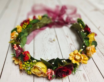 Couronne de fleur d’automne Couronne de fleur bourgogne Couronne de fleur de mariage mariée Fleurs accessoires Fleur bandeau fille Fleur fleur colorée couronne de fleur boho