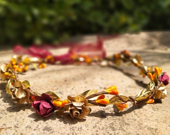 Gold Flower Crown Burgundy Flower girl headband Bridesmaid flower crown Flower girl crown Bridal flower headpiece Wedding flower crown veil