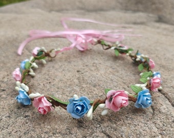 Blue Pink Flower Crown Adult Flower girl flower crown flower headpiece Bridal Flower Crown Wedding Hair Wreath Halo Baby Flower Headband