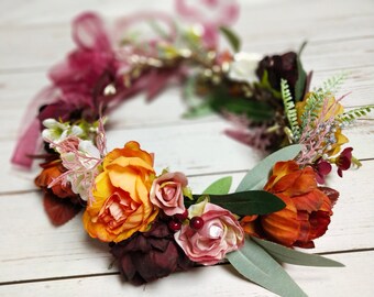 Burnt Orange Burgundy bridal flower crown Wedding Flower hair accessories Flower girl headband Colorful flower crown Fall flower crown boho