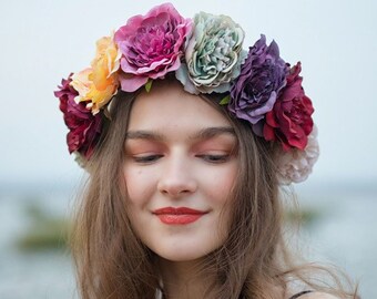 Bunte Blumenkrone. Hochzeit Blumenkrone. Blumen Haarstück. Braut Blumenkrone Wunderschöne Blumenkrone Blumenmädchen Stirnband Kranz Boho