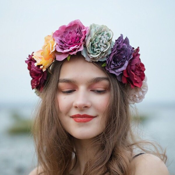 Couronne de fleurs colorée. Couronne de fleurs de mariage. Morceau de cheveux de fleur. Couronne de fleur de mariée Magnifique couronne florale fleur fille bandeau couronne boho