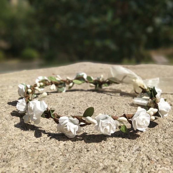 White Rose Flower Crown Flower girl crown Flower girl headband Flower crown halo Bridal Baby Toddler flower crown boho Hair flower headpiece