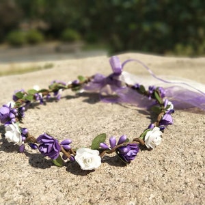 Purple & White Flower Crown Floral Crowns Flower Girl Headband Bridal Flower Crown for Wedding Flower Girl Crown Child Baby Flower Headband image 2