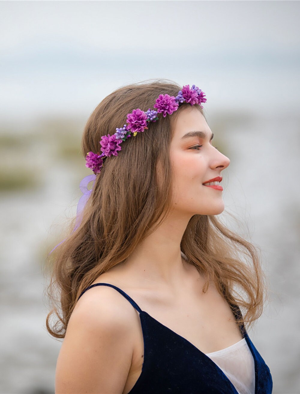 Purple Bridal Flower Crown Wedding Flower Headpiece Bohemian Etsy