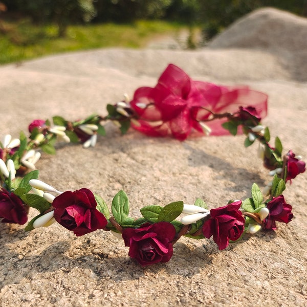 Burgundy Wedding Flower Crown Flower girl headband Bridesmaid flower crown Flower girl crown Bridal flower headpiece Boho flower crown women