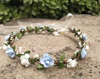 Blau & Ivory Blumenkrone Blaue Blume Mädchen Blumenkrone Baby Blumen Kopfschmuck Braut Blumenkrone Hochzeit Haarkranz Baby Blumenkrone