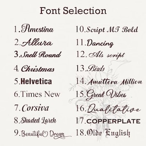 May include: A list of 18 font styles, numbered and displayed in a dark brown color. The title "Font Selection" is at the top. The fonts include "Amestina", "Allura", "Snell Round", "Christmas", "Helvetica", and more.